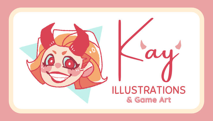 Text Logo: "Kay" with devil horns on the name. Below that it says "Illustration & Game Art" in bubble letters.